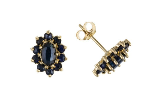 Oval shaped yellow gold sapphire cluster stud earrings