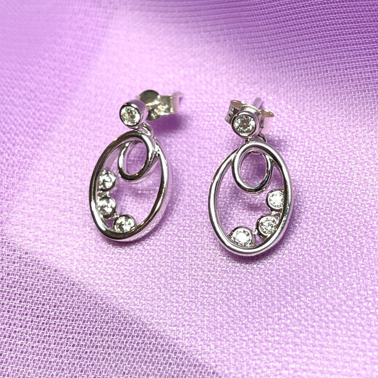 Oval sterling silver cubic zirconia stud drop earrings