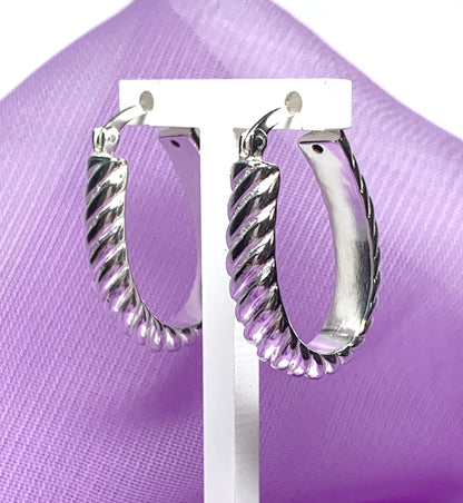 Sterling silver oval hoop earrings swirl patterned 27 mm x 18 mm