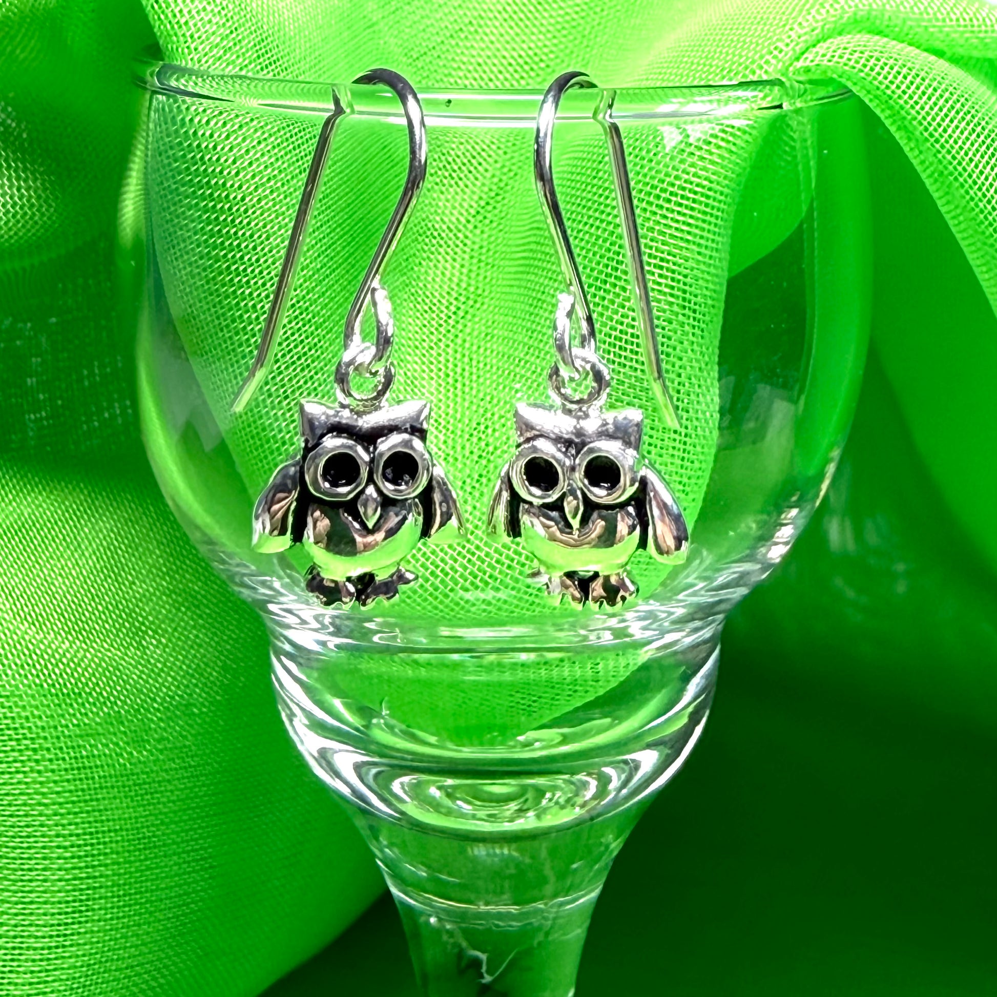 Small owl shaped drop earrings sterling silver
