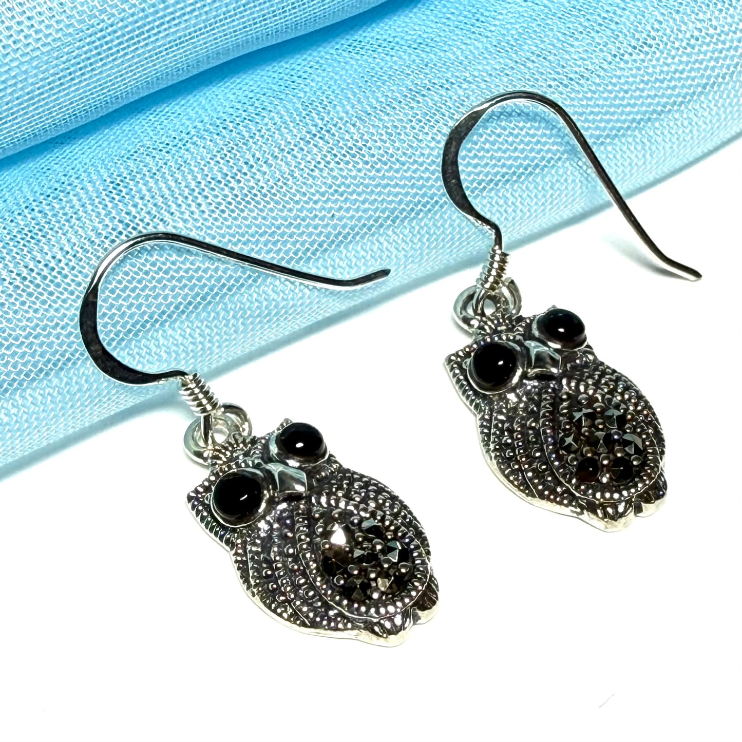 Owl shaped drop earrings with real black agate and real marcasite sparkling dangle