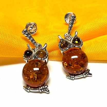 Owl shaped drop earrings real amber sterling silver