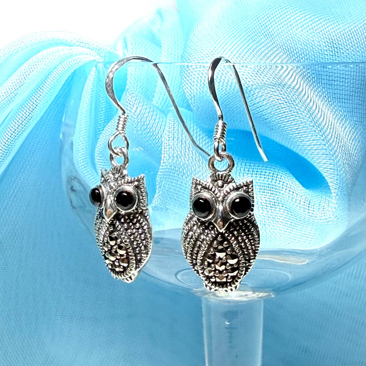 Owl shaped drop earrings with real black agate and real marcasite sparkling dangle