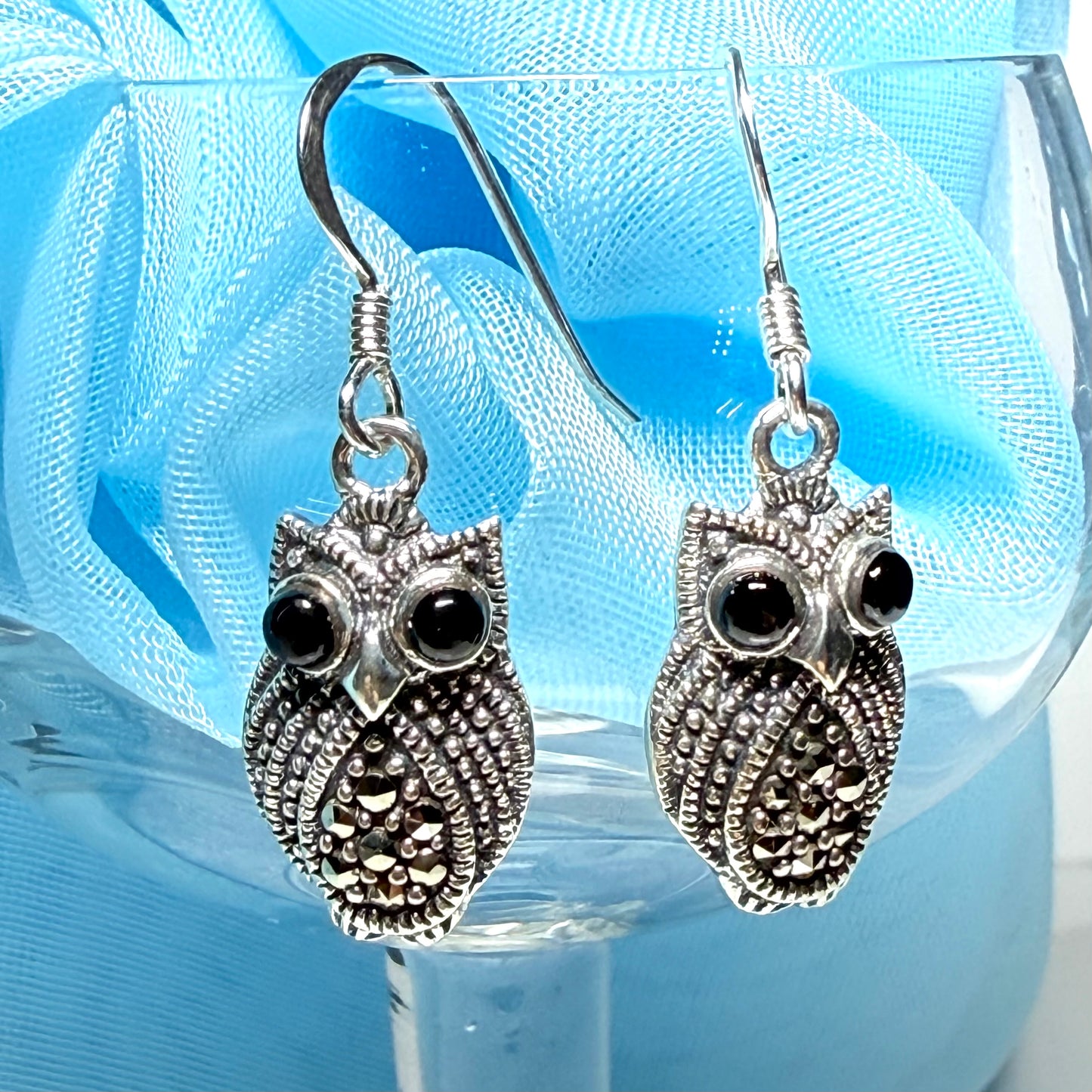 Owl shaped drop earrings with real black agate and real marcasite sparkling dangle