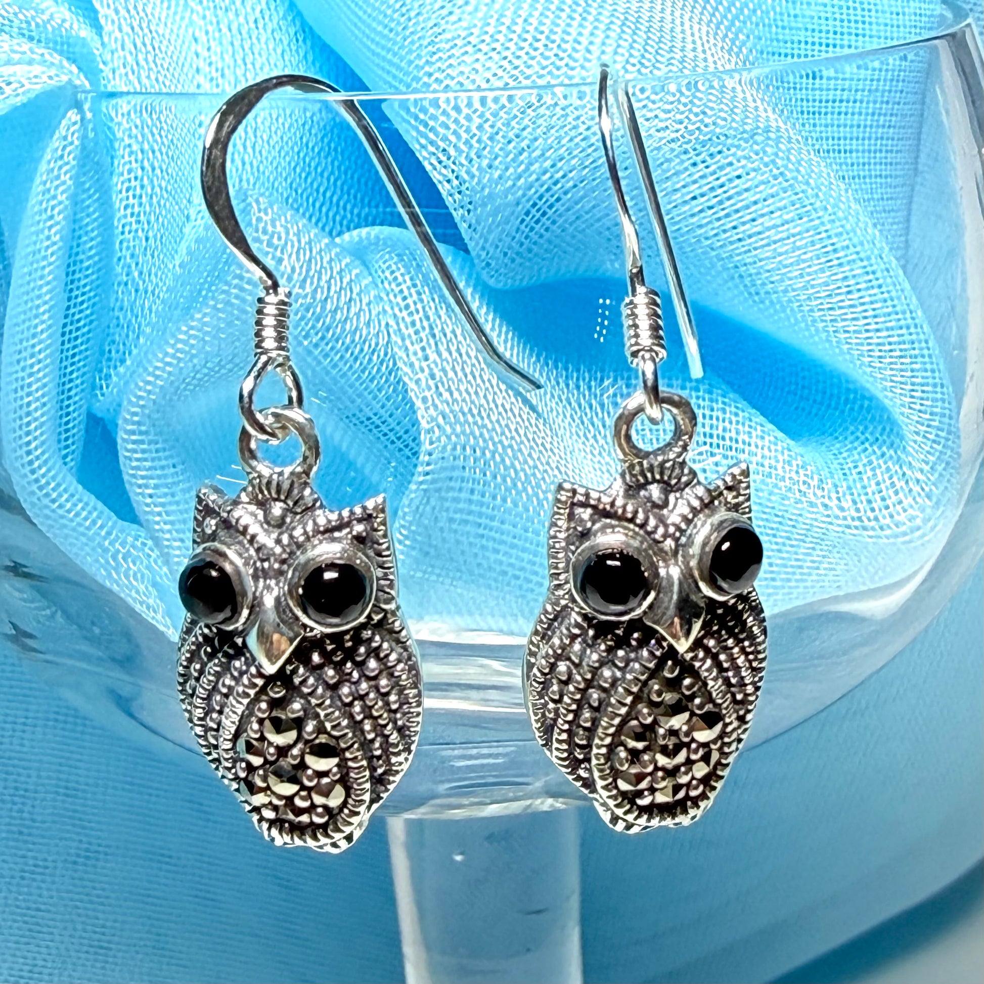 Owl shaped drop earrings with real black agate and real marcasite sparkling dangle