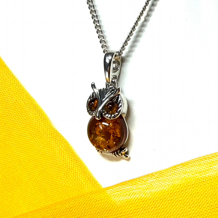 Owl shaped necklace pendant real amber sterling silver