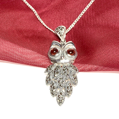 Owl necklace pendant garnet and marcasite sterling silver