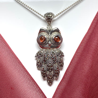 Owl necklace pendant garnet and marcasite sterling silver