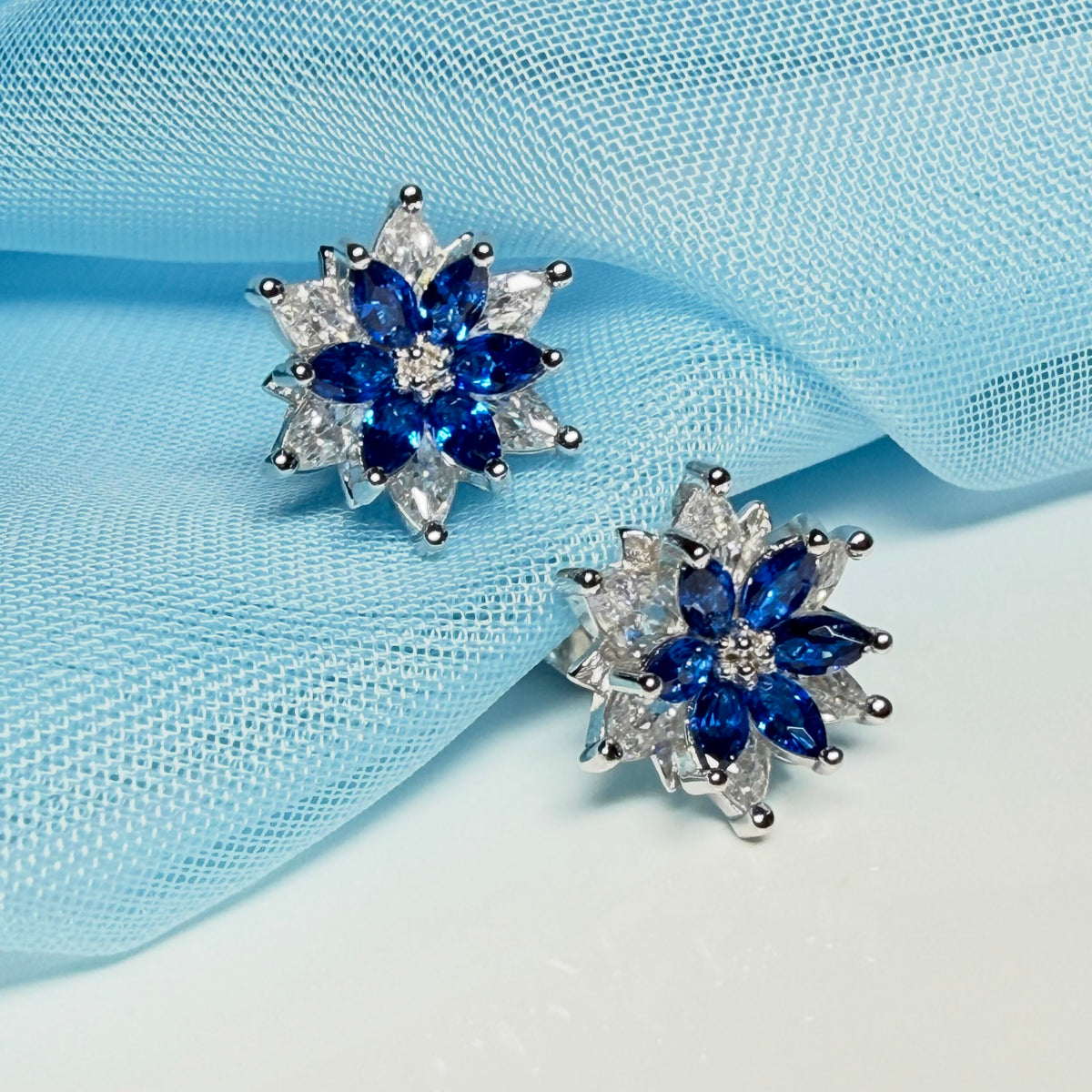 Blue round marquise cluster earrings cubic zirconia sterling silver