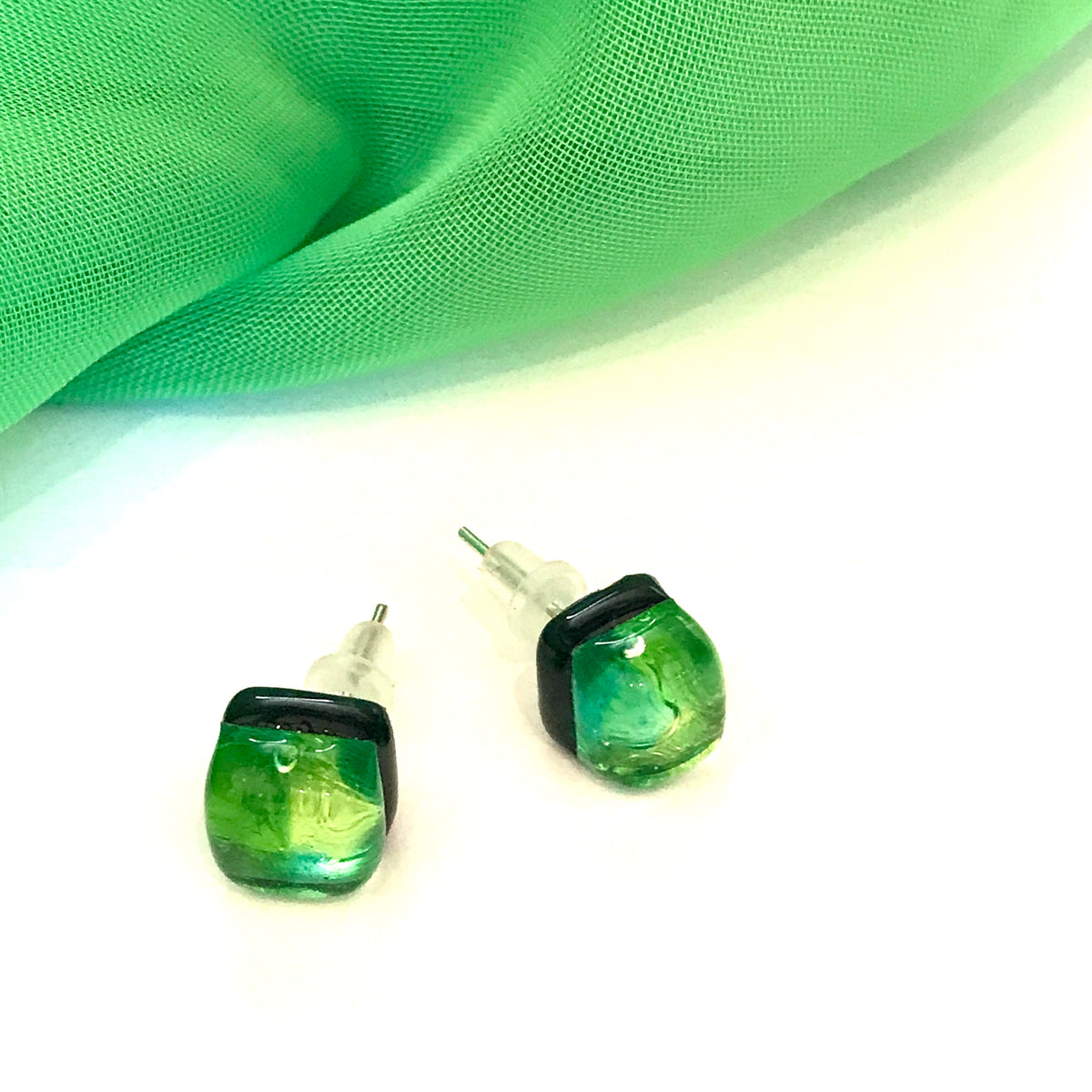 Green Real Murano Glass Square Stud Earrings