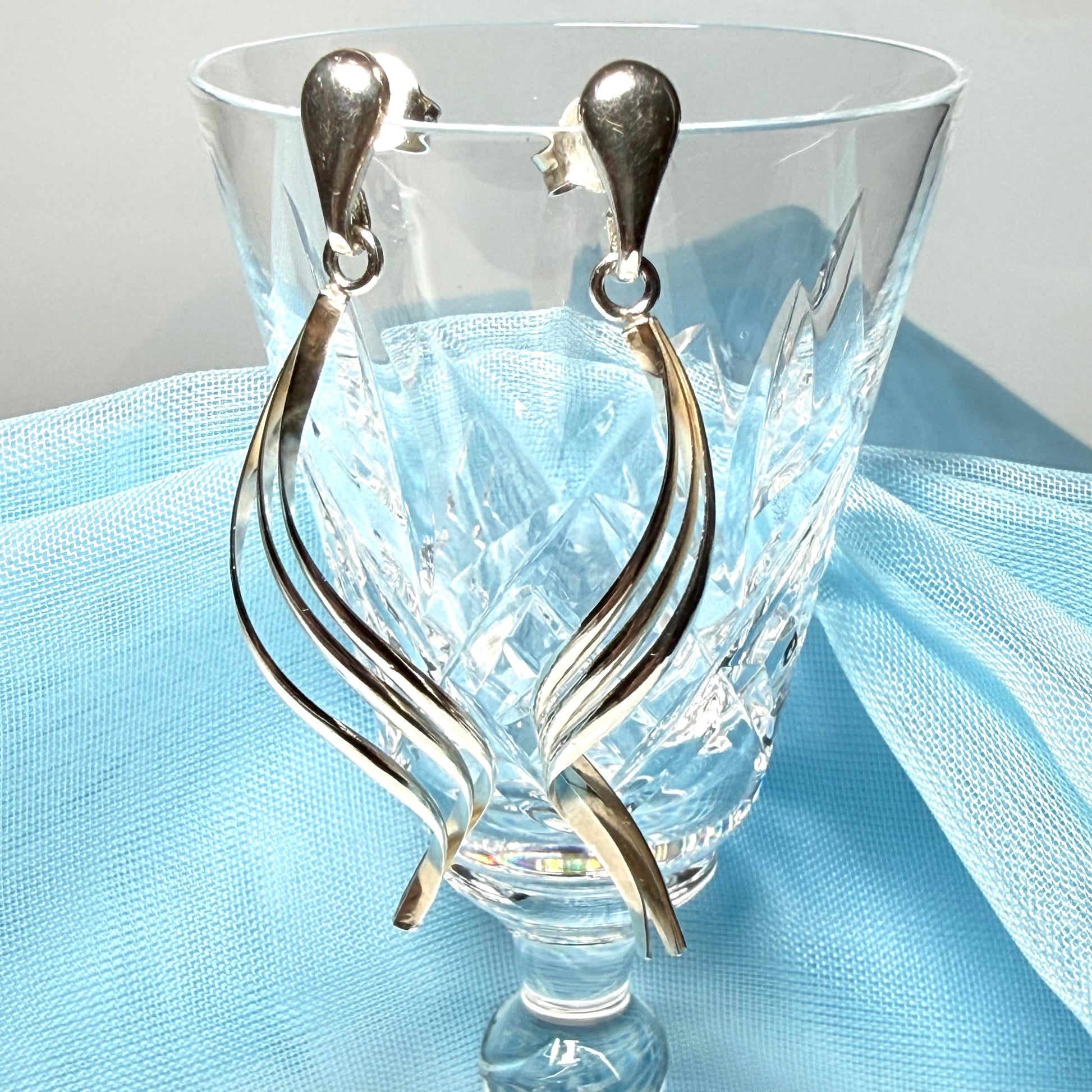 Pair Long fancy swirl drop earrings sterling silver