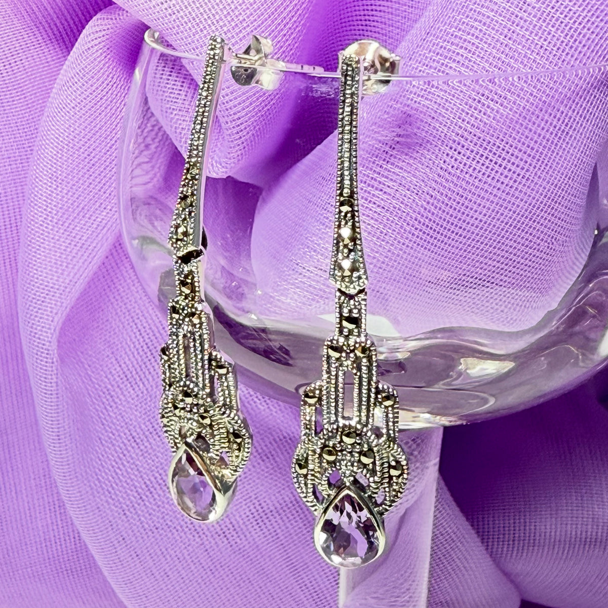 Long real purple amethyst and real marcasite fancy dropped earrings