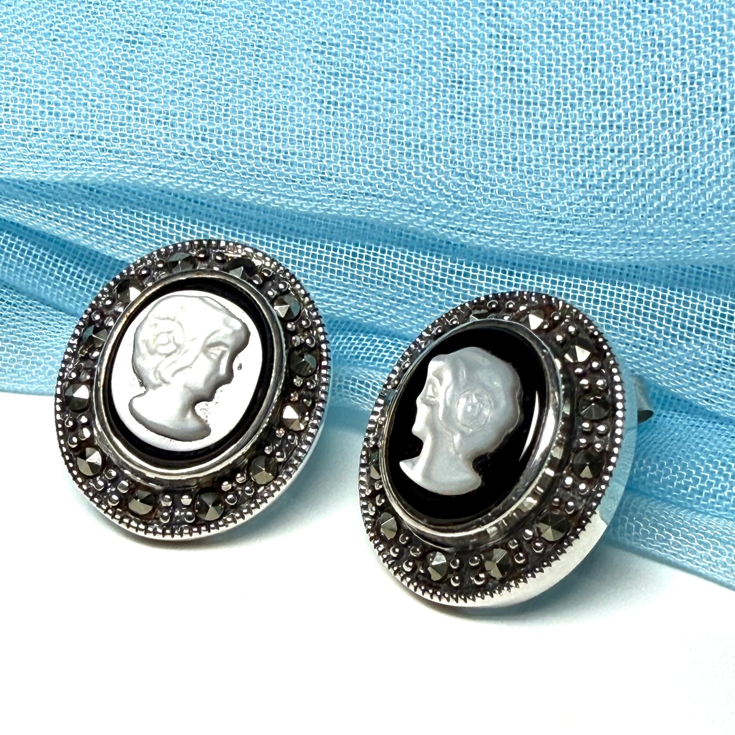 Oval Cameo stud earrings sterling silver black onyx and white Mother of Pearl