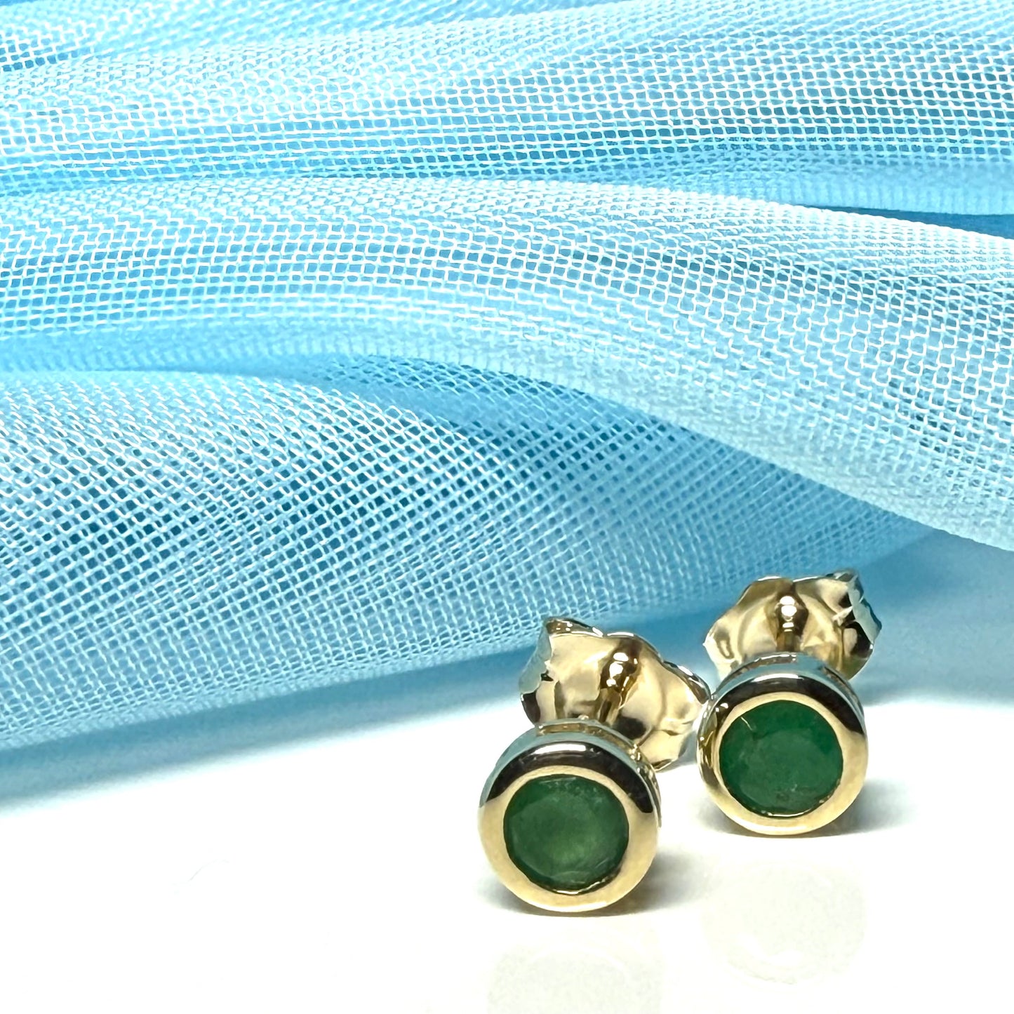 Real Green Emerald Stud Earrings 9ct Yellow Gold – Round Cut 4.5mm | May Birthstone Gift