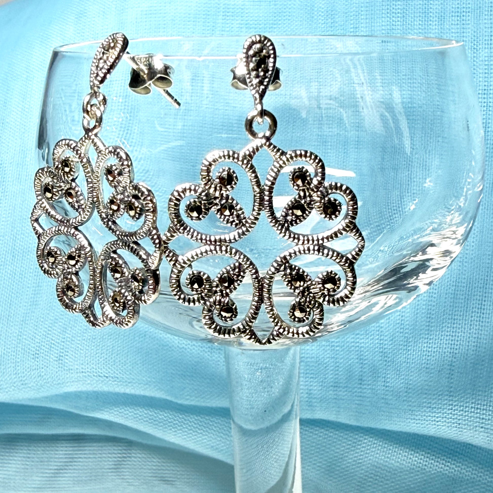 Round marcasite sterling silver round fancy drop earrings