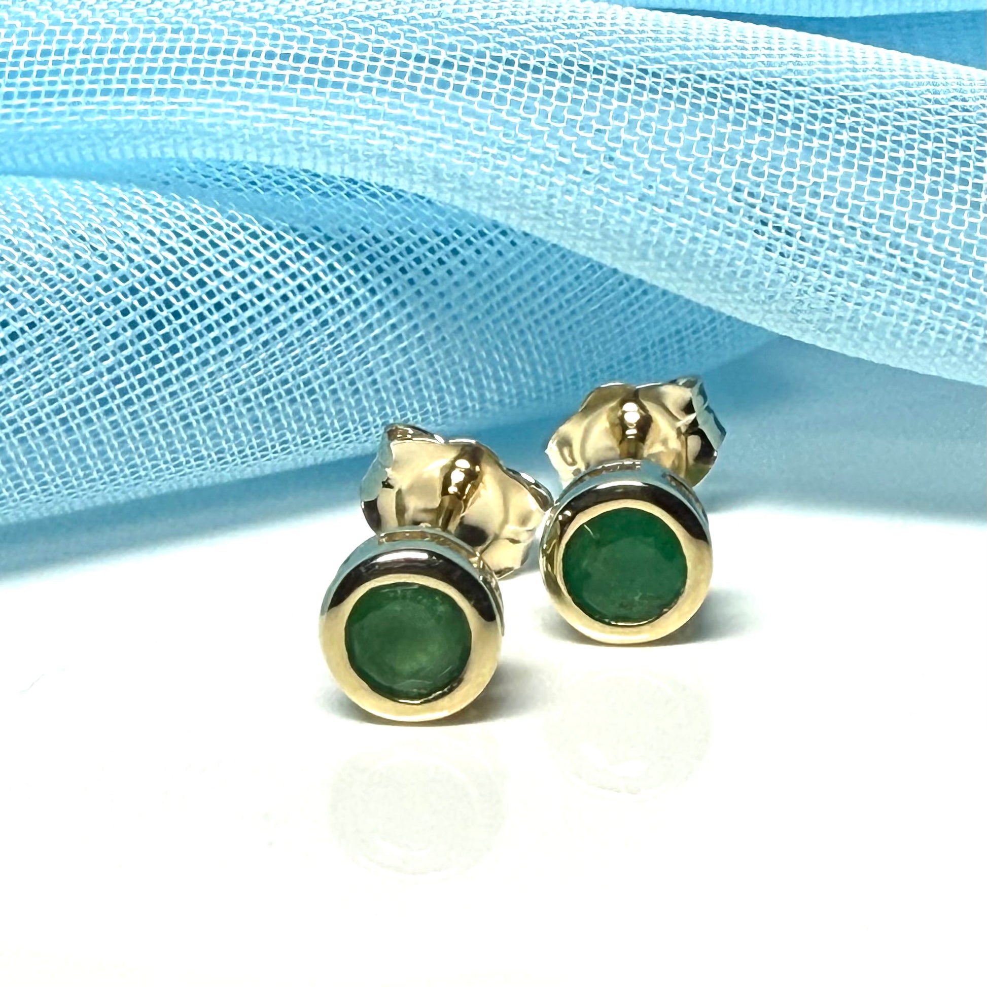 Real Green Emerald Stud Earrings 9ct Yellow Gold – Round Cut 4.5mm | May Birthstone Gift
