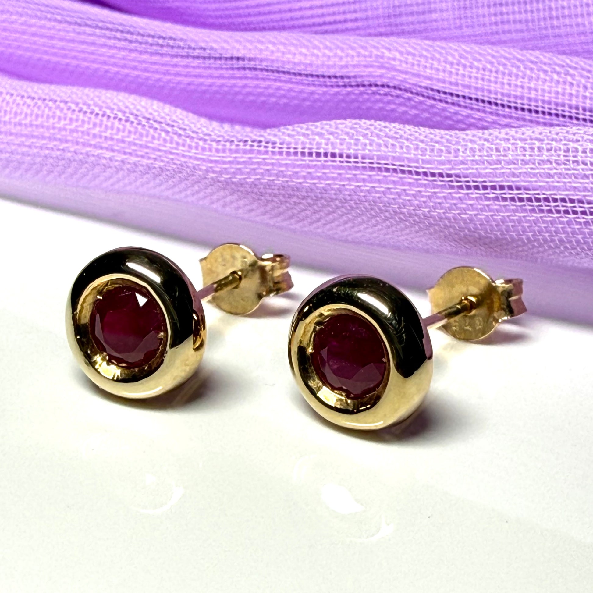 Real Red Ruby Round Stud Earrings 9 carat Yellow Gold