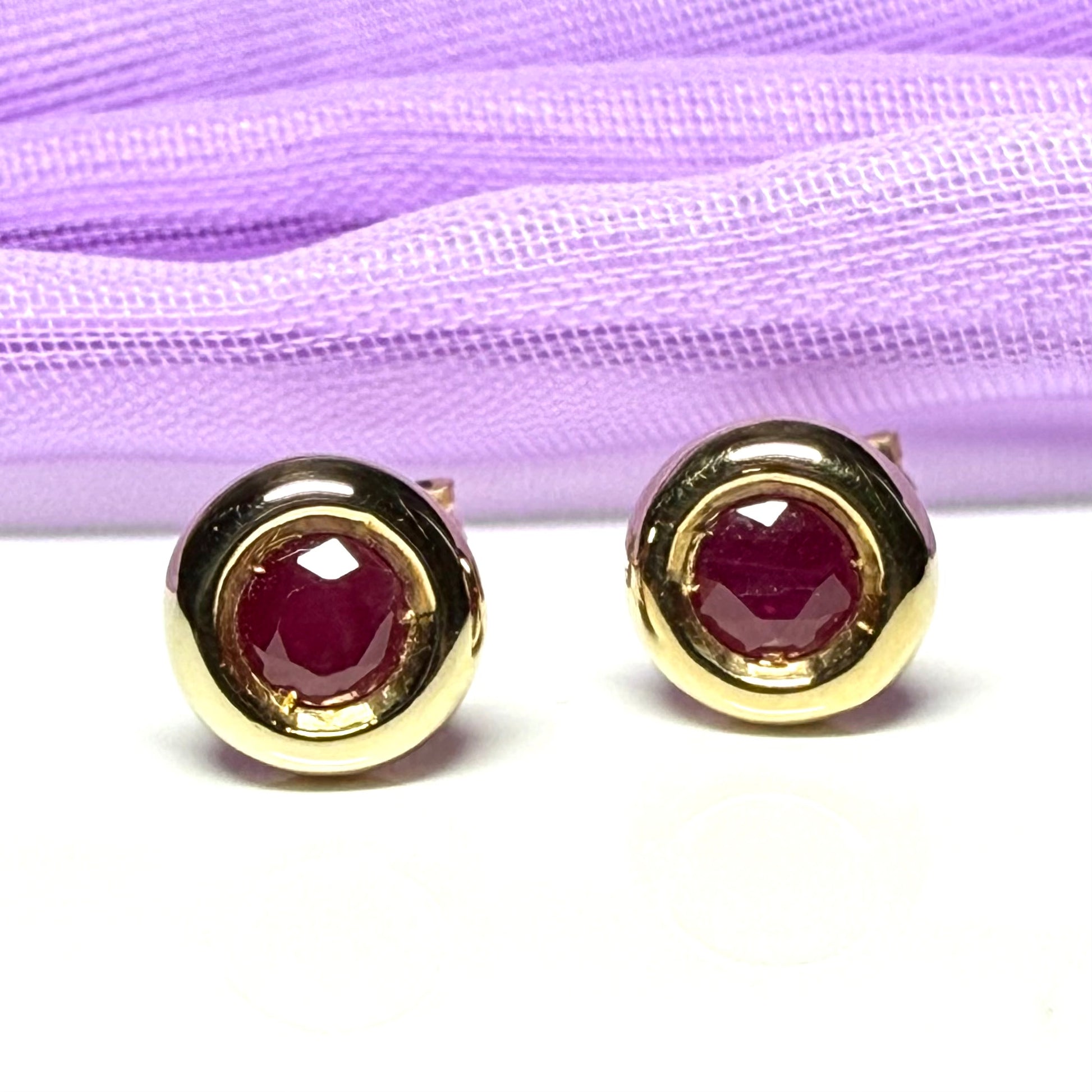 Real Red Ruby Round Stud Earrings 9 carat Yellow Gold