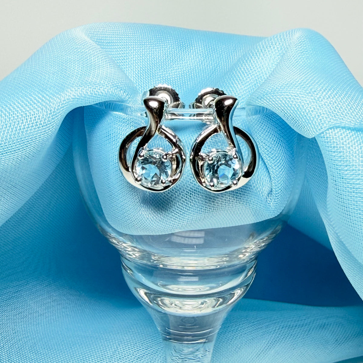 Pair of Real blue topaz stud drop earrings fancy round twisted swirl designed