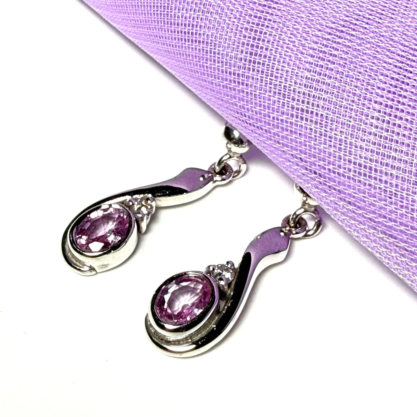 Real pink sapphire drop earrings with diamond white gold