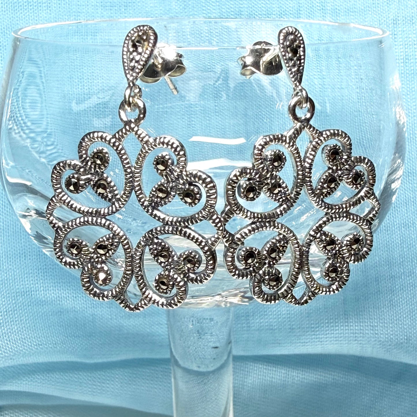 Round marcasite sterling silver round fancy drop earrings