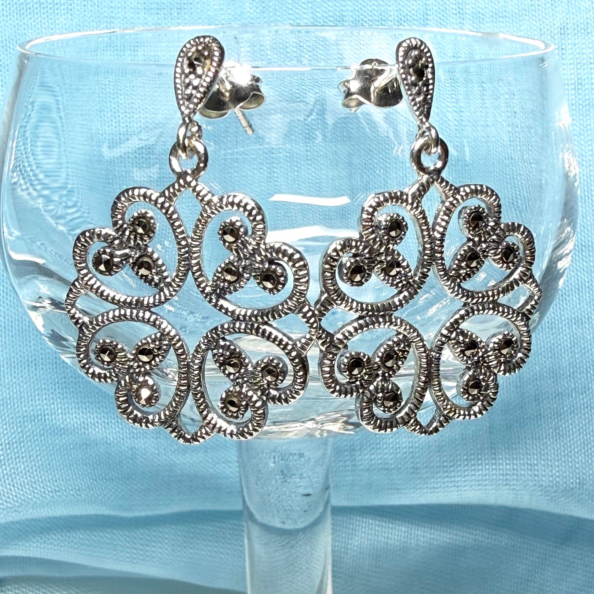 Round marcasite sterling silver round fancy drop earrings