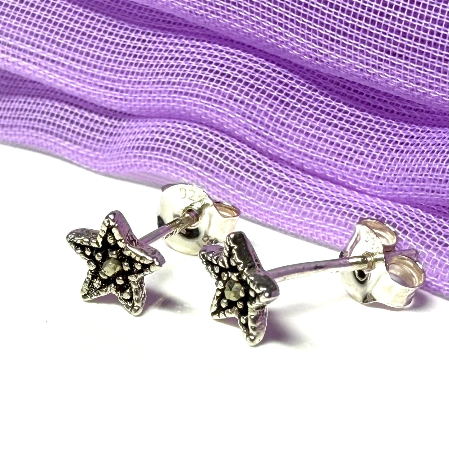 Small marcasite stud earrings star sterling silver