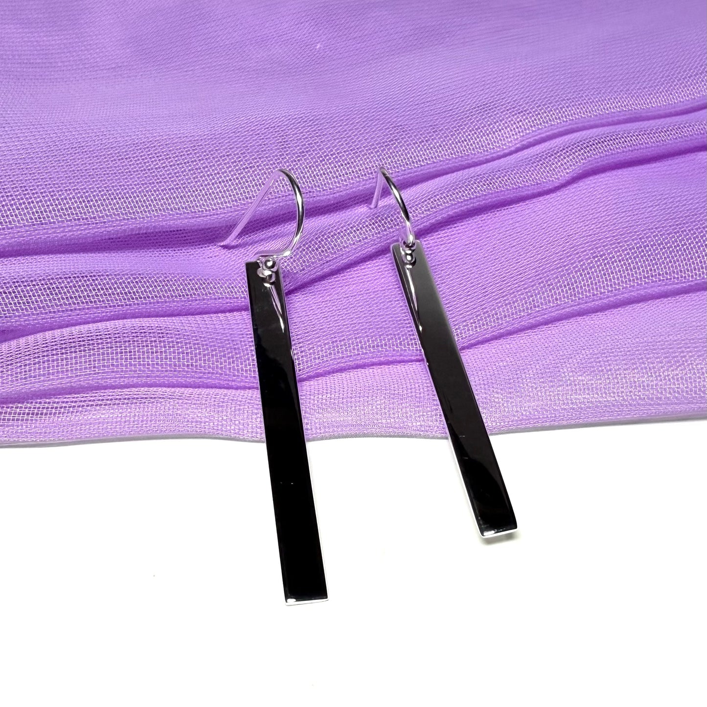 Sterling Silver Long Bar Rectangle Plain Drop Earrings