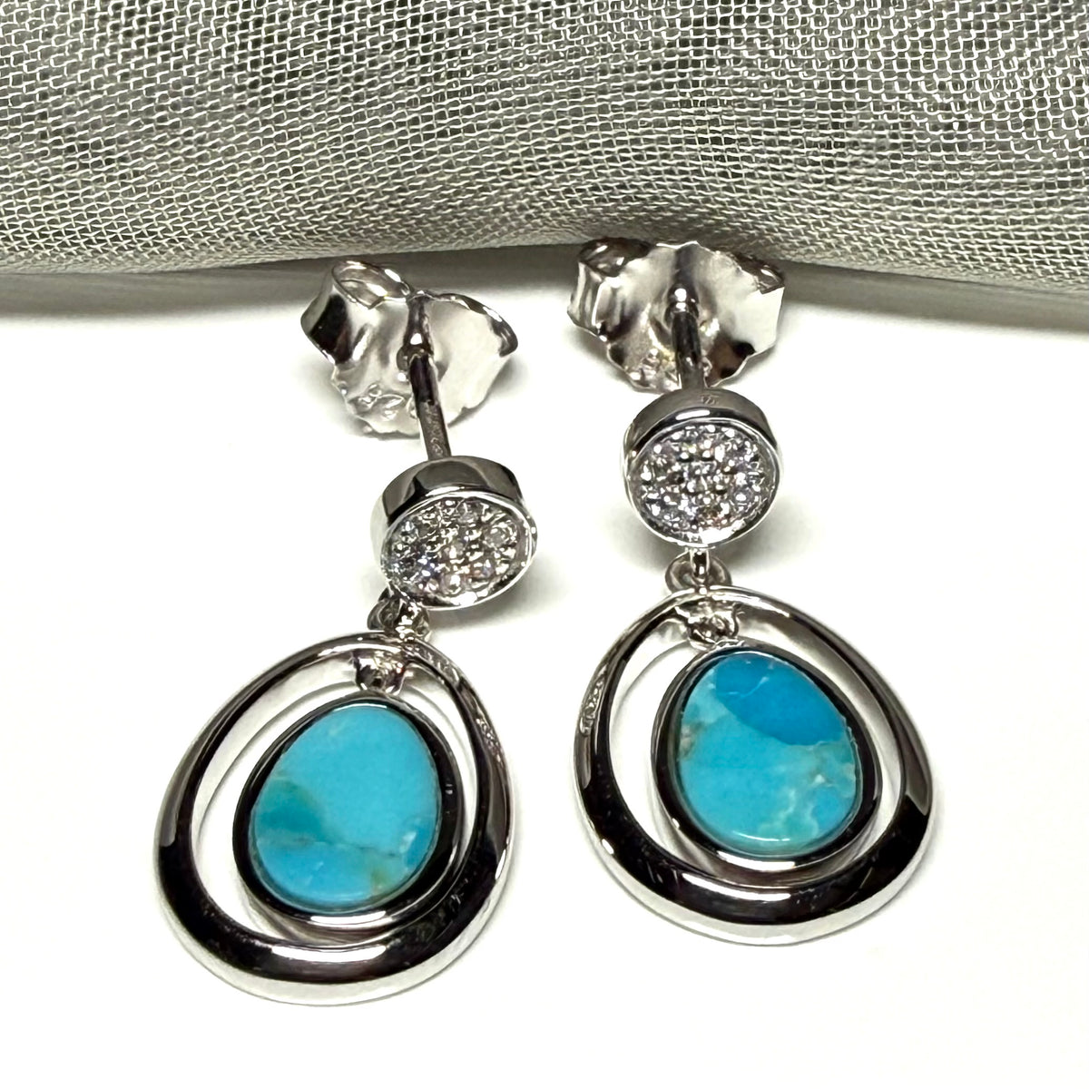 Blue green turquoise oval sterling silver drop earrings double oval