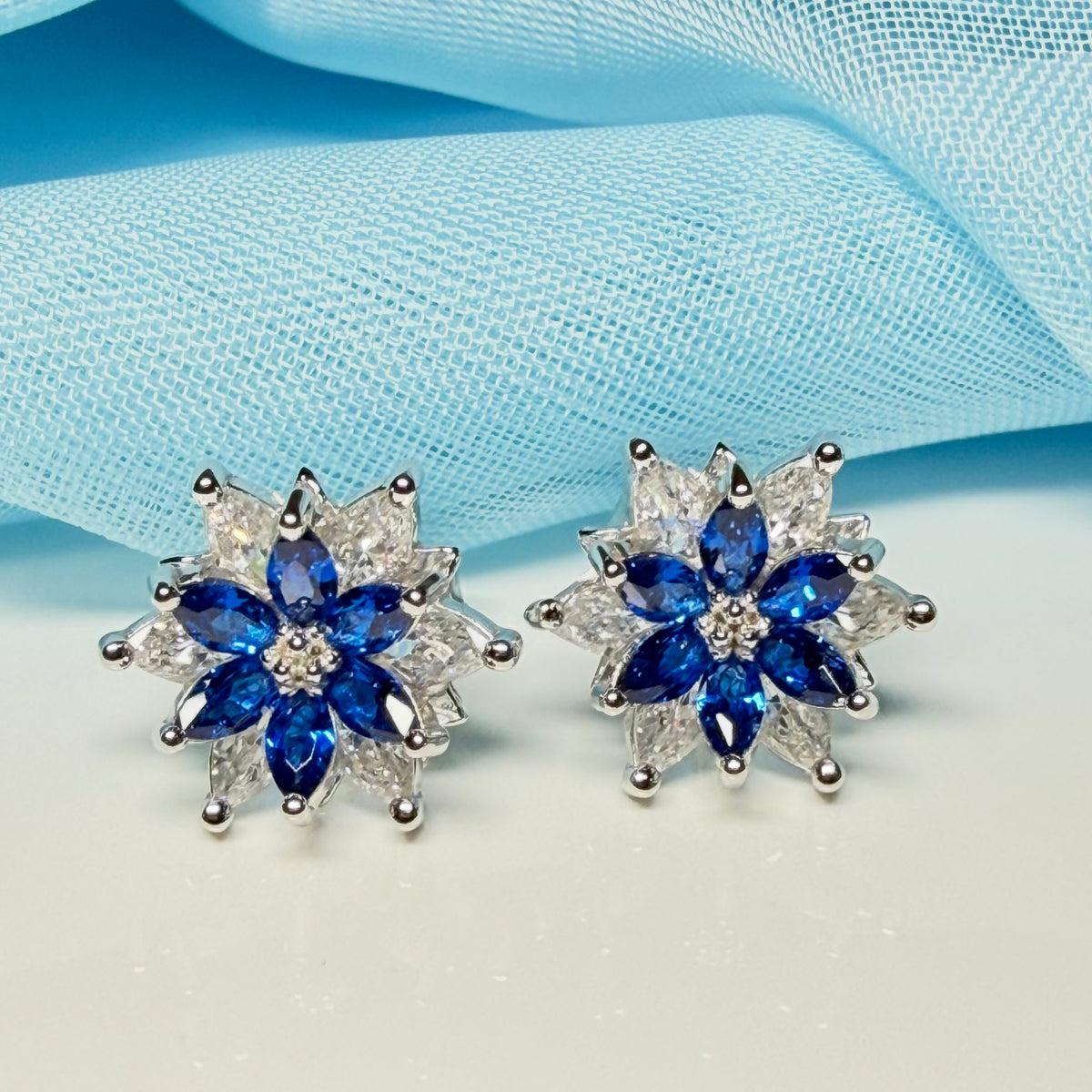 Blue round marquise cluster earrings cubic zirconia sterling silver