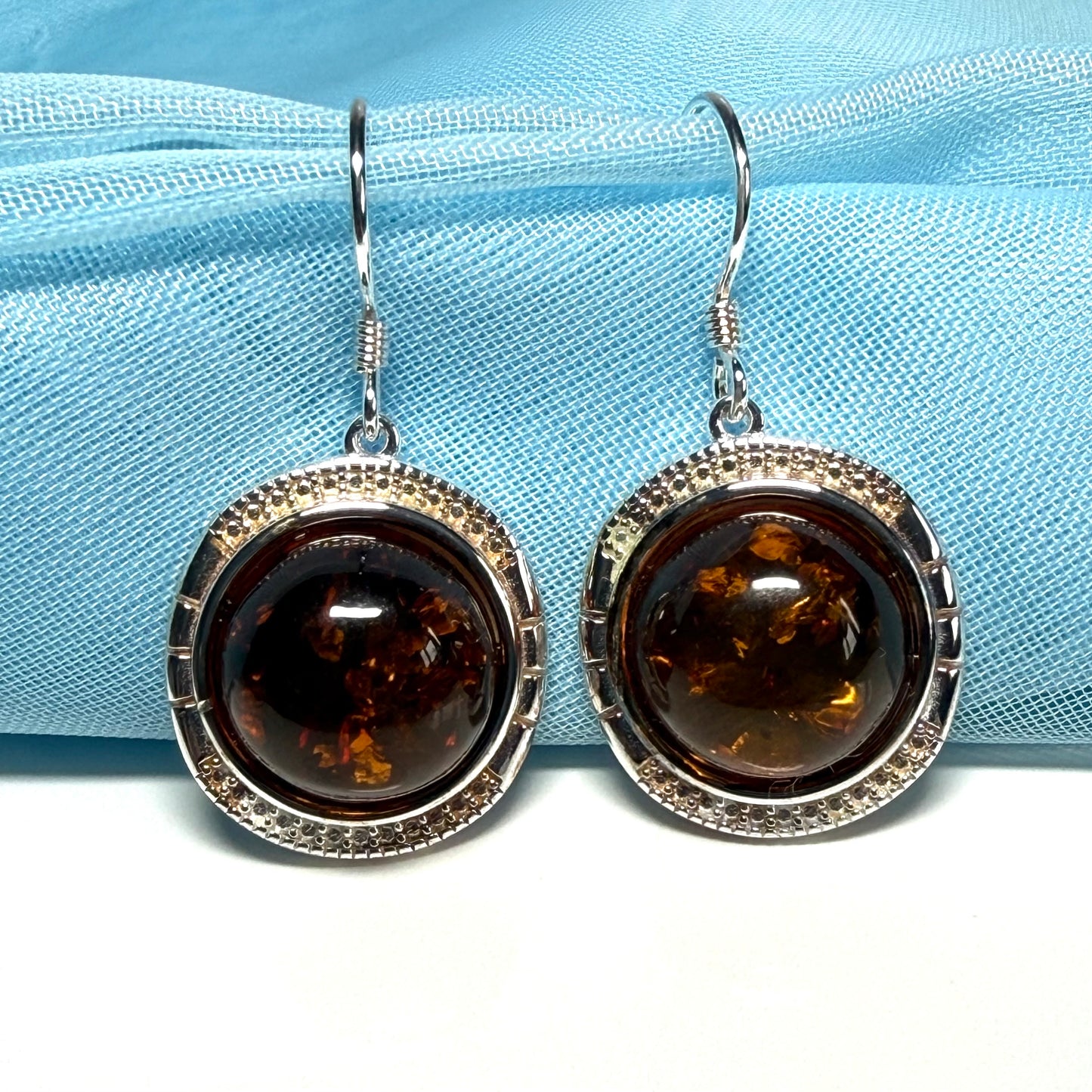 Drop earrings orange real amber round shaped sterling silver