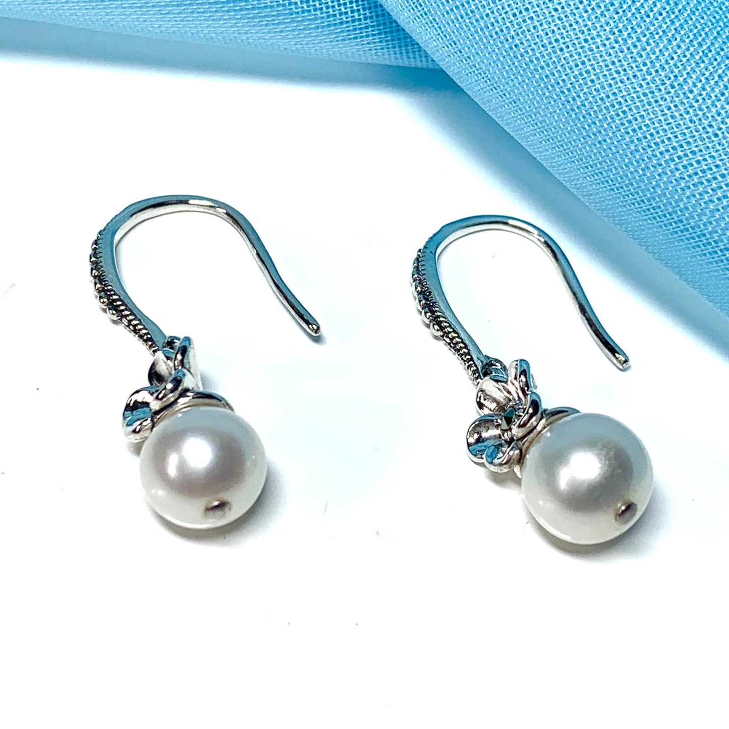 Drop earrings real freshwater cultured pearl flower petal with marcasite stone