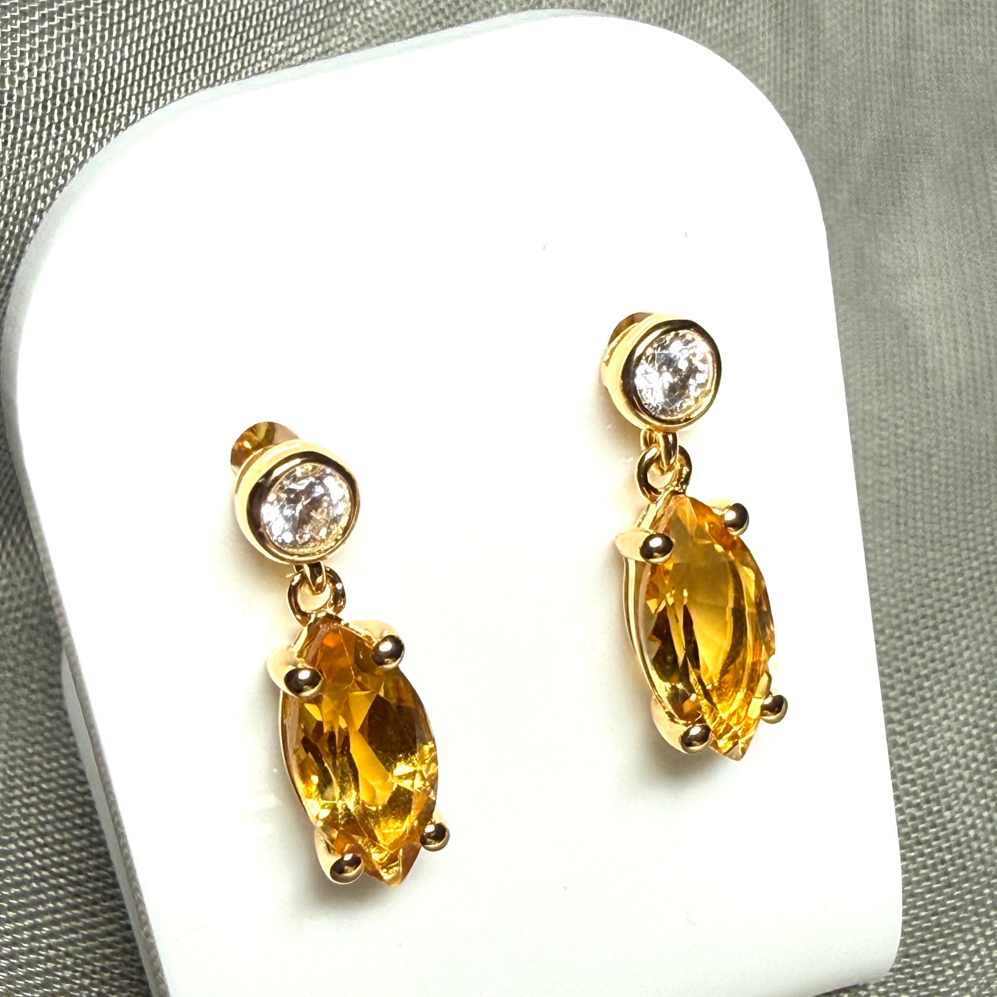 Real yellow citrine and real cubic zirconia marquise and round drop earrings sterling silver with yellow gold plating