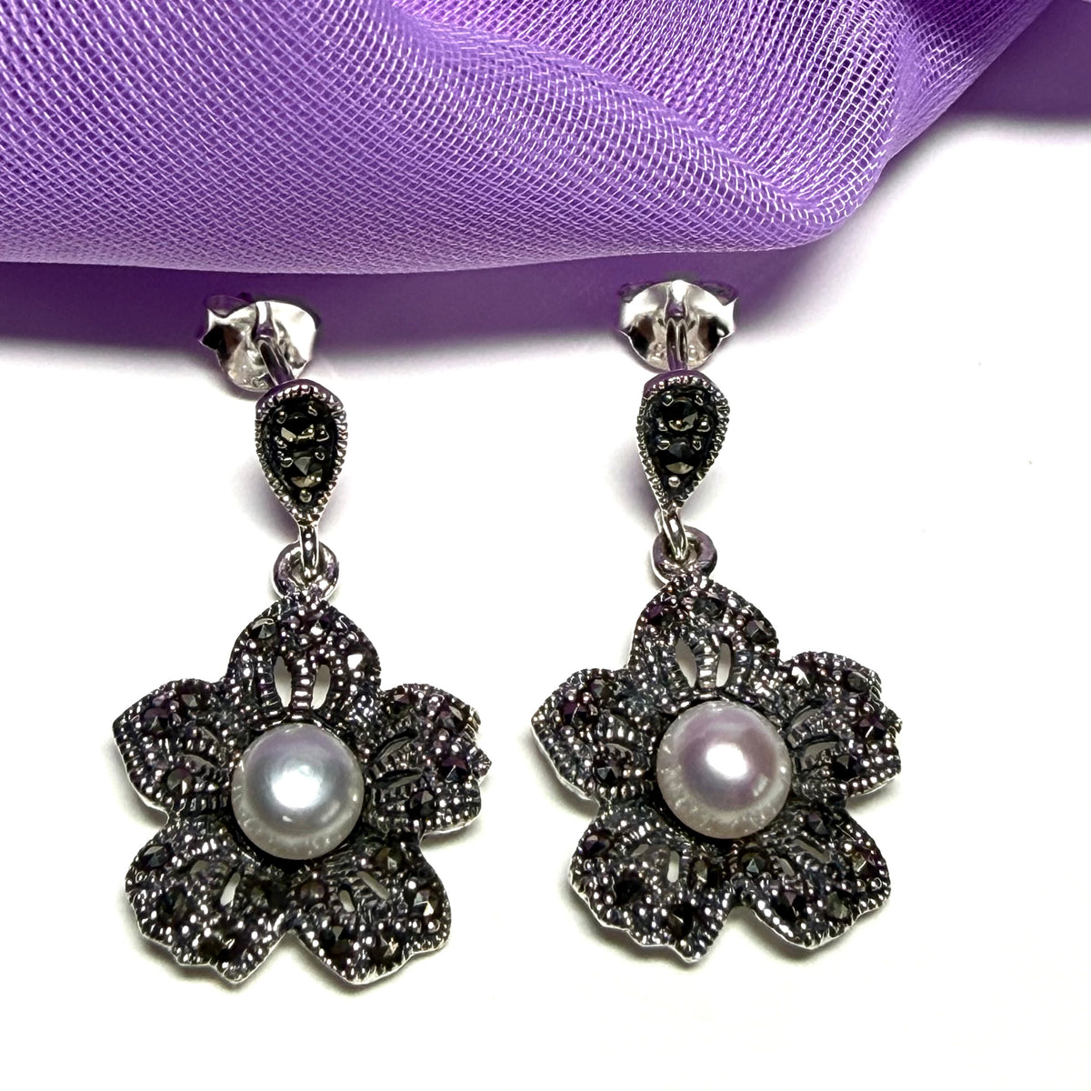 Earrings real marcasite and real freshwater cultured pearl flower shaped sterling silver