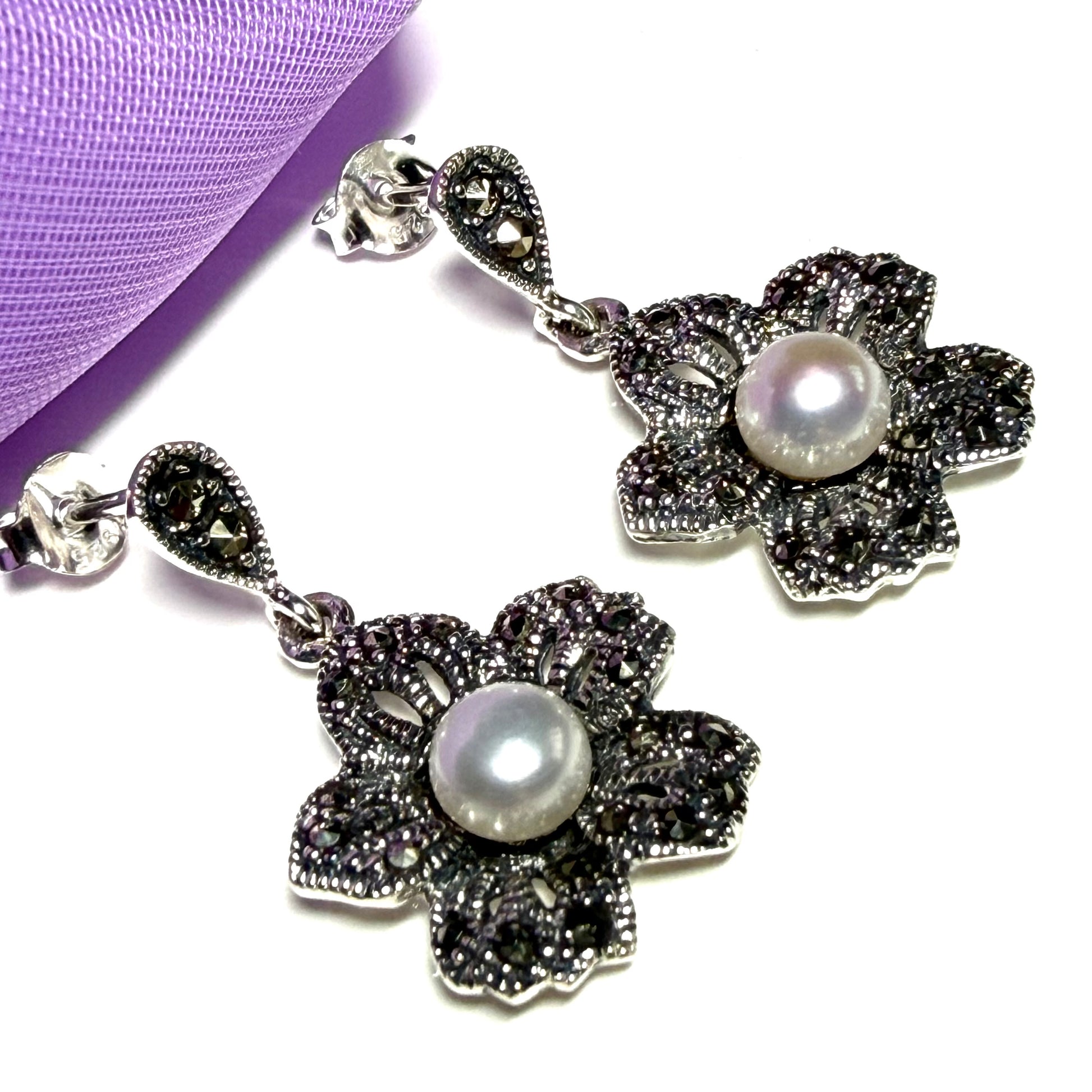 Earrings real marcasite and real freshwater cultured pearl flower shaped sterling silver