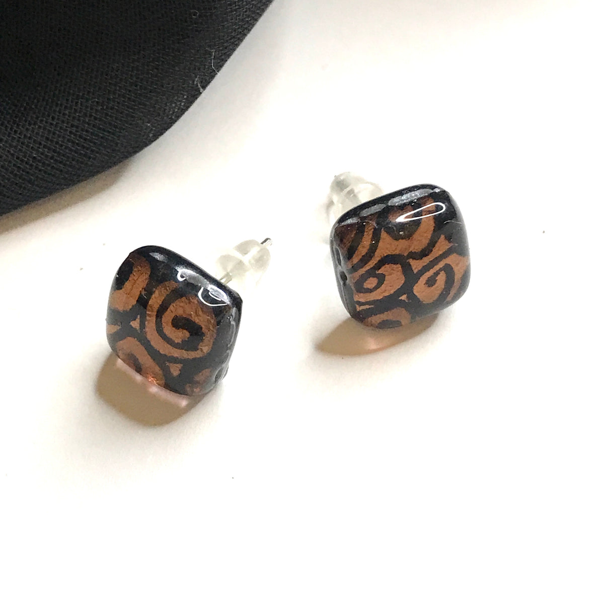 Pair of gold and black square stud Real Genuine Murano glass stud earrings