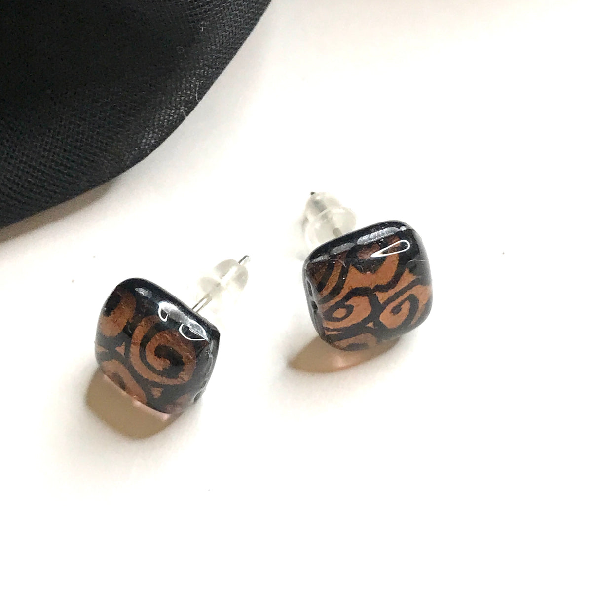 Pair of gold and black square stud Real Genuine Murano glass stud earrings