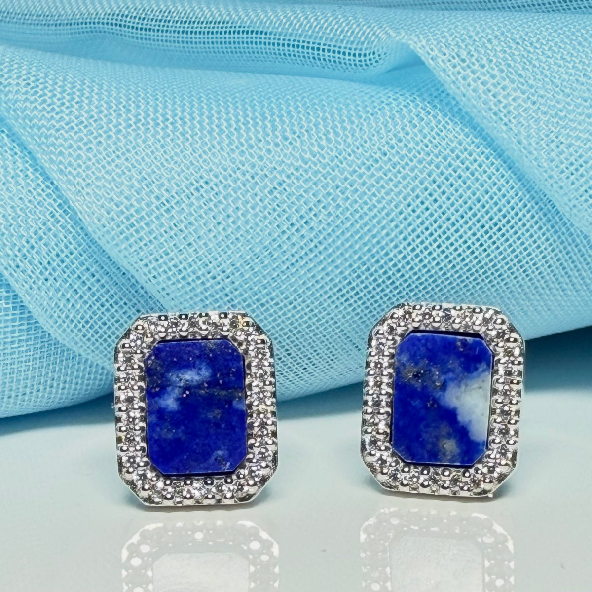 Lapis lazuli and cubic zirconia blue green square stud earrings sterling silver