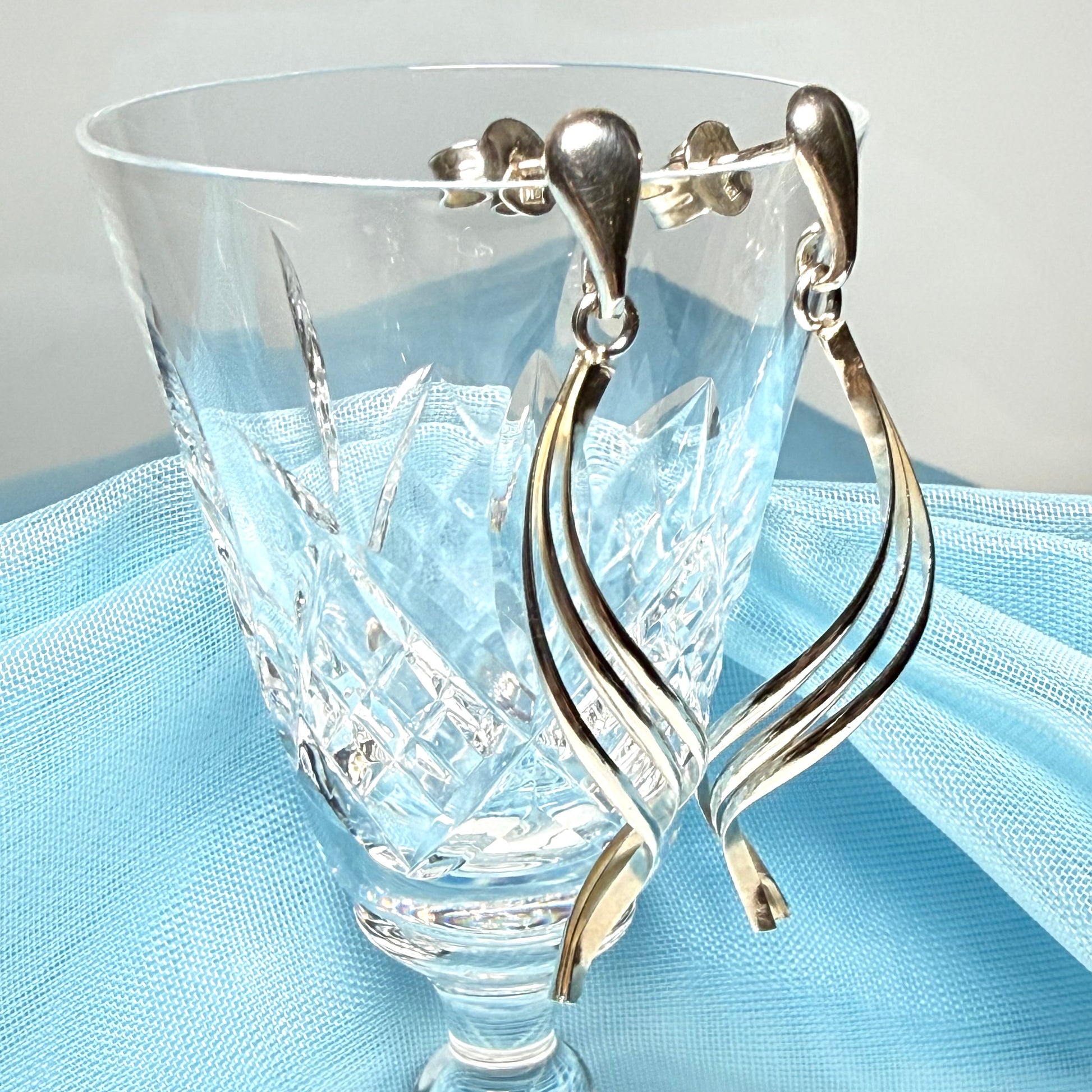 Pair Long fancy swirl drop earrings sterling silver