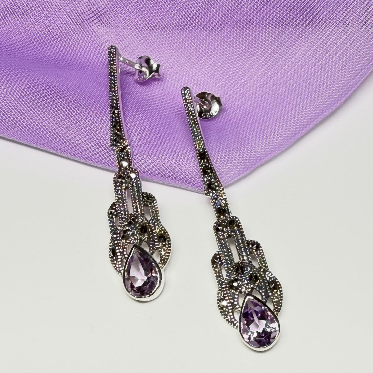 Long real purple amethyst and real marcasite fancy dropped earrings