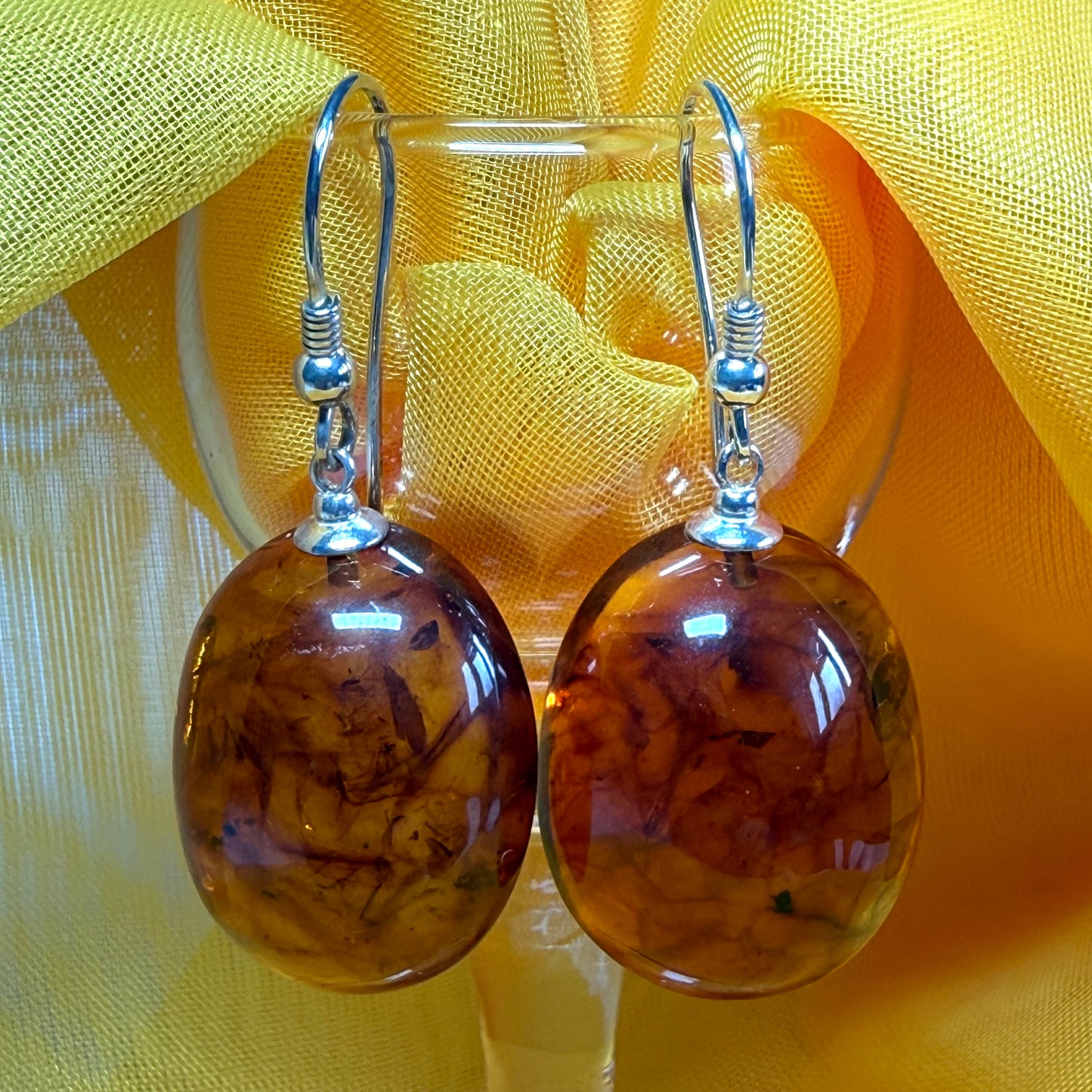 Pair of real amber drop earrings oval shaped sterling silver hooks