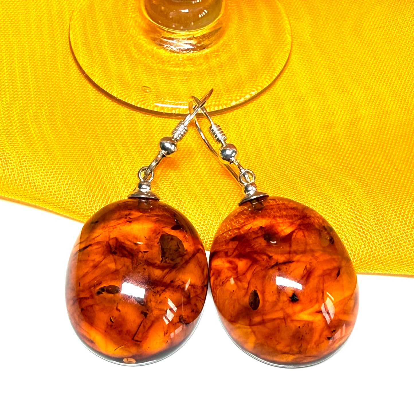 Pair of real amber drop earrings oval shaped sterling silver hooks
