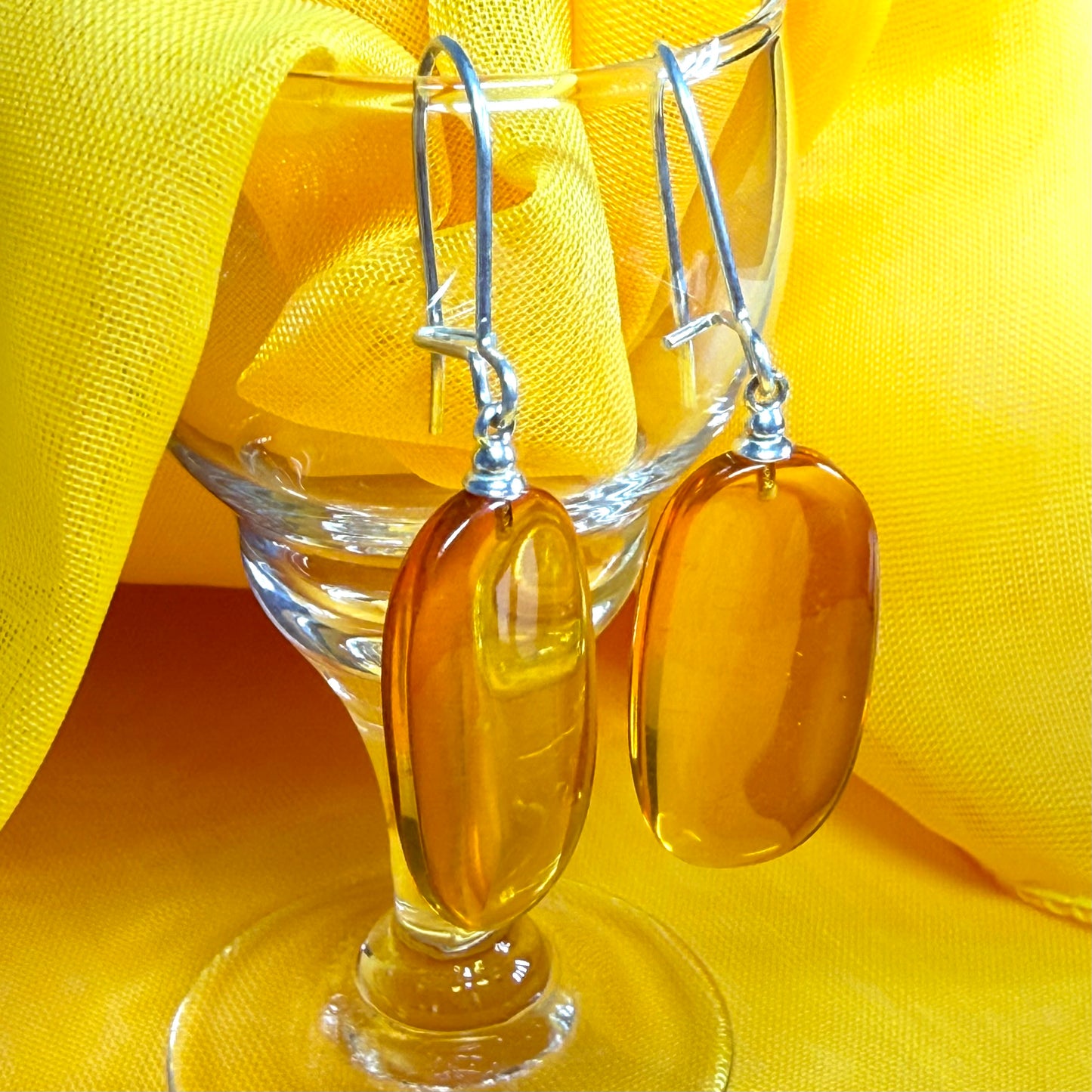 Pair of real amber drop earrings oval shaped sterling silver