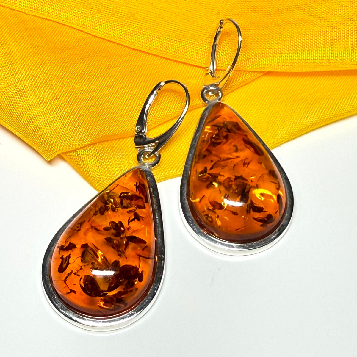 Real amber drop earrings pear shape sterling silver continental wire fittings