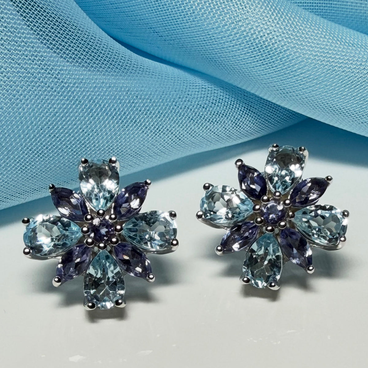 Real amethyst and real blue topaz fancy spray stud earrings
