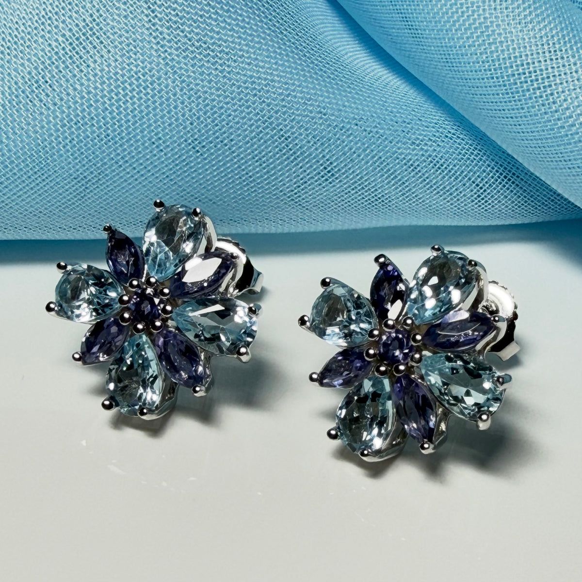 Real amethyst and real blue topaz fancy spray stud earrings