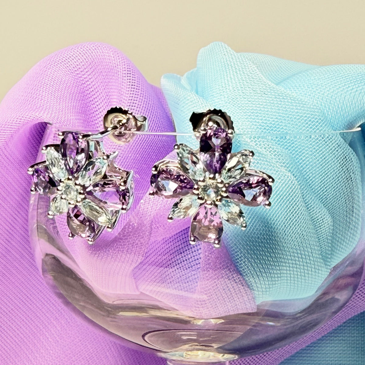 Pair of real amethyst and real blue topaz fancy spray stud earrings