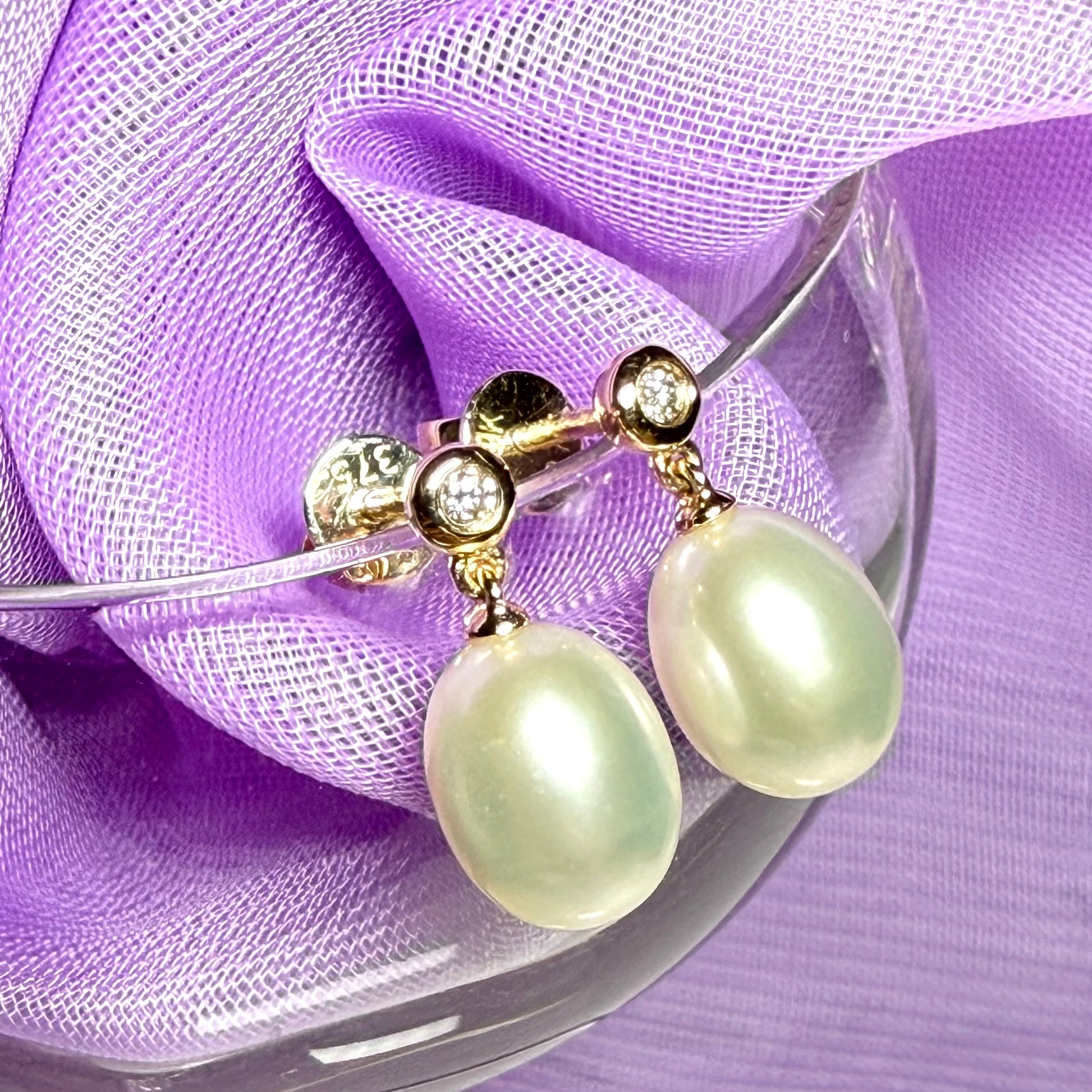 Real freshwater cultured pearl and real diamond yellow gold oval drop earrings