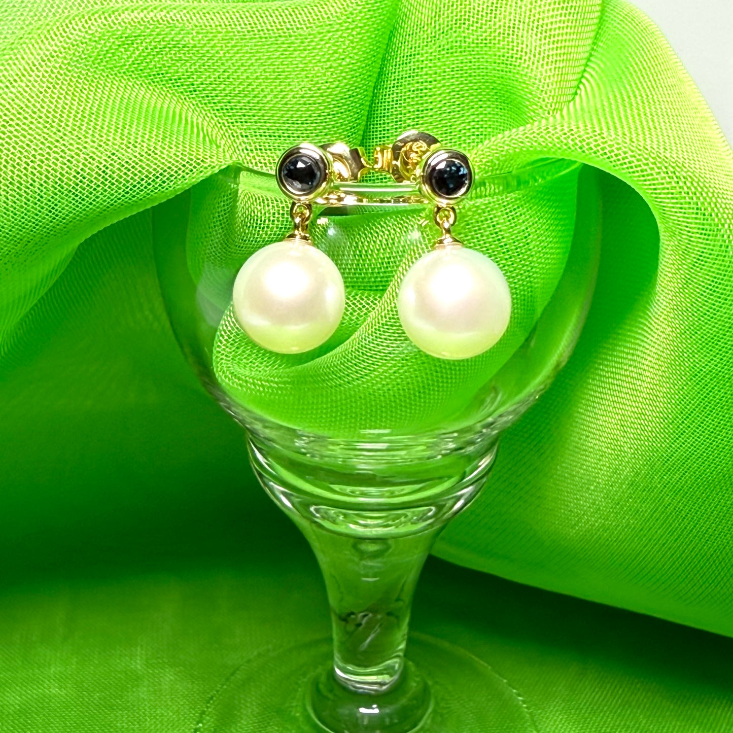 Pair of real freshwater cultured pearl and real sapphire round drop earrings sterling silver with yellow gold plating