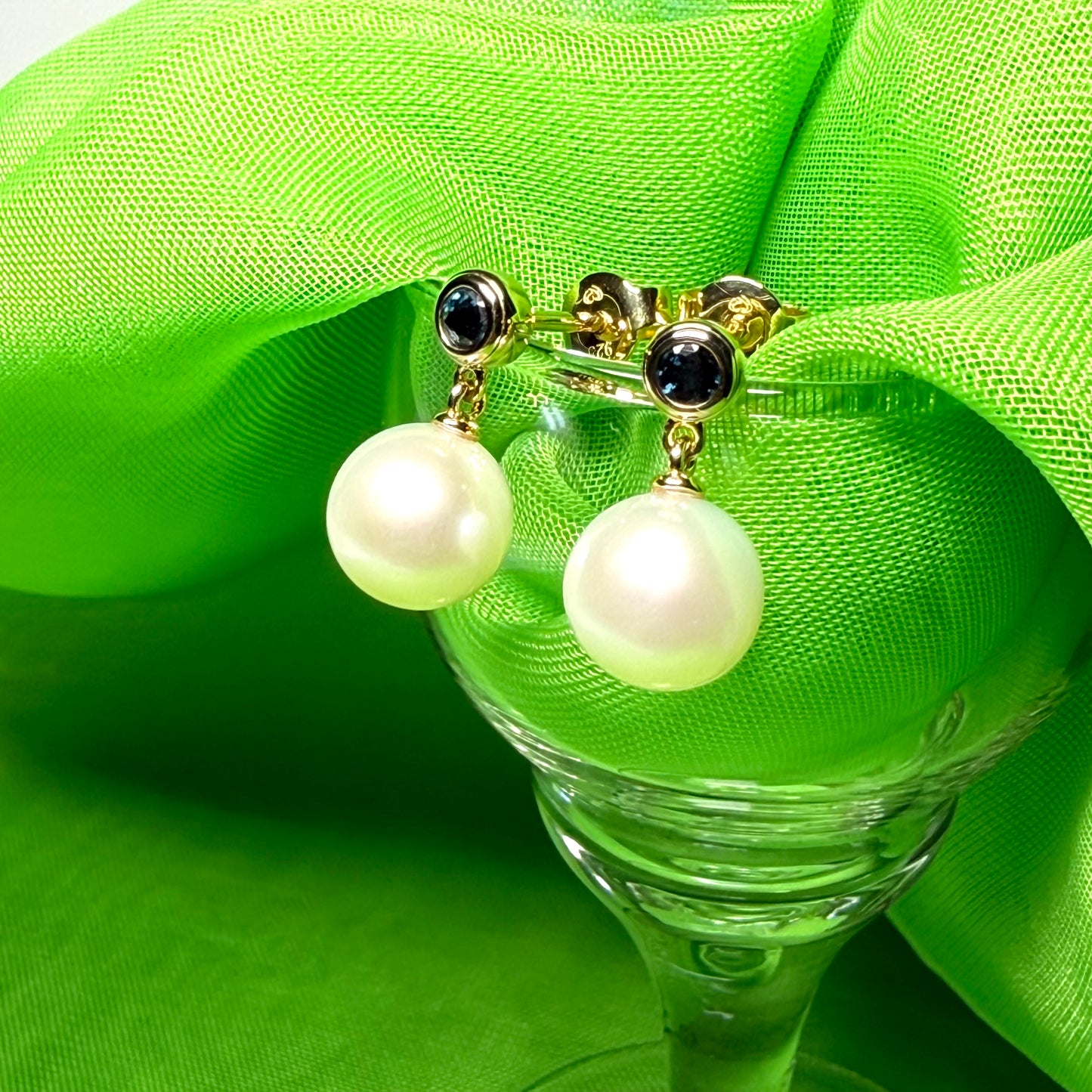 Real freshwater cultured pearl and real sapphire round drop earrings sterling silver with yellow gold plating